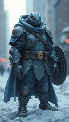 3d realistic character image of a protector of polar fortresses in a future where the poles are the last bastions against global warming. Its attire showcases a fusion of turtle shell armor and advanc