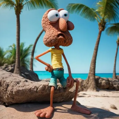 Squidward, shriveled, worm, SpongeBob, Bikini Bottom, sandy beach, bright sunny day, clear blue sky, palm trees, tropical plants, worn-out sandals, faded orange shirt, ripped brown pants, lazy posture