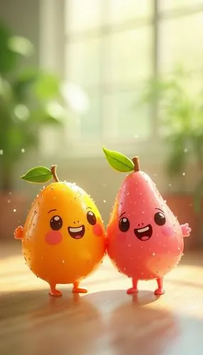 two plastic fruits and one has smiling face,pome fruit family,kawaii vegetables,slimes,locoroco,apple pair,mandora,Photography,General,Realistic