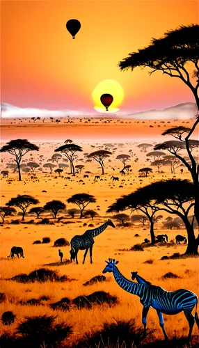 Masai Mara, savannah landscape, sunset glow, acacia trees, grasslands, wild animals roaming free, giraffes, elephants, lions, zebras, antelopes, hot air balloon ride, aerial view, panoramic compositio