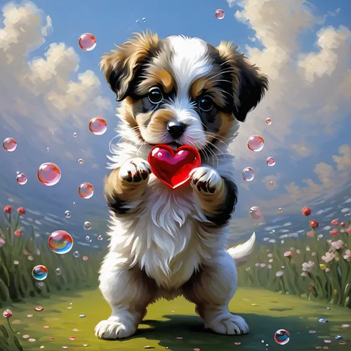 miniature australian shepherd,australian shepherd,cavalier king charles spaniel,cute puppy,japanese chin,cavachon,shih tzu,cheerful dog,havanese,puppy love,pekingese,red balloon,tibetan terrier,cavapoo,puppy pet,dog playing,dog illustration,puffy hearts,bubble blower,king charles spaniel,Art,Artistic Painting,Artistic Painting 04