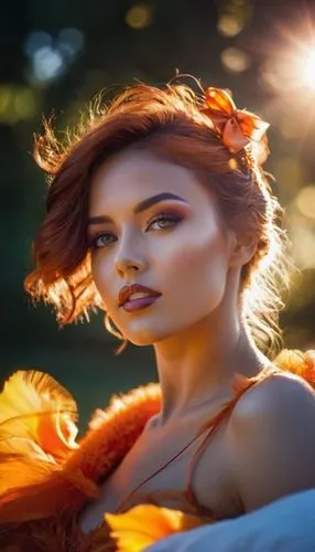 SWEET DREAM,a woman is dressed like an autumn costume and has her hair blowing back,triss,fae,danaus,orange color,orange,lina