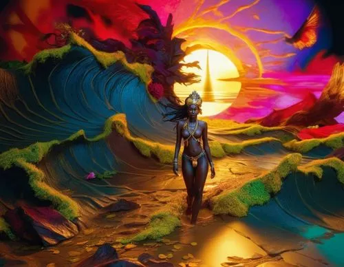 Elegant Fantasy of Shiva,a digital painting with a woman walking toward a big wave,neon body painting,sundancer,sun god,shamanic,3d fantasy,danxia,Photography,Artistic Photography,Artistic Photography