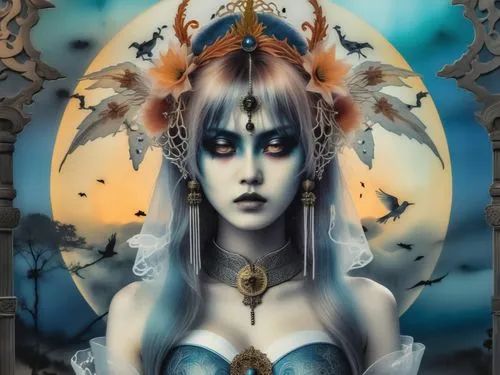 a close up of a person wearing a dress near a body of water,blue enchantress,demoness,fantasy art,priestess,hekate,hecate,Illustration,Realistic Fantasy,Realistic Fantasy 46