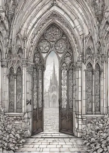 doorways,ardfert,nidaros cathedral,hall of the fallen,archways,doorway,gondolin,clonfert,portcullis,buttress,entrances,cathedral,sepulchres,neogothic,osgiliath,tirith,kirkwall,entranceway,cathedrals,vestibules,Illustration,Black and White,Black and White 05