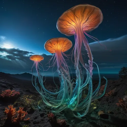 mushroom landscape,fairy lanterns,bioluminescence,toadstools,fungal science,mushrooms,sea jellies,forest mushrooms,mushroom island,blue mushroom,auroraboralis,alien world,jellyfishes,fungi,trollius download,club mushroom,ramaria,jellyfish collage,umbrella mushrooms,cnidaria,Photography,Artistic Photography,Artistic Photography 02