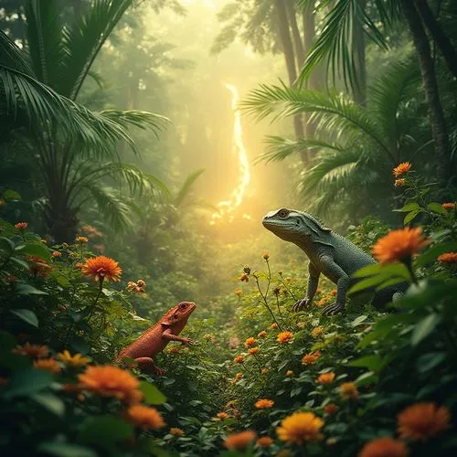 tropical birds,dinosaurs,pikmin,tropical forest,dinos,fantasy picture,Photography,General,Realistic