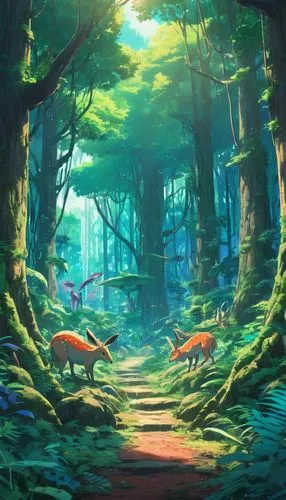 Scenery of a dense forest with alien animals.,forest glade,forest,forest background,fairy forest,forest path,forest of dreams,forest landscape,forest floor,the forest,forest animals,elven forest,green