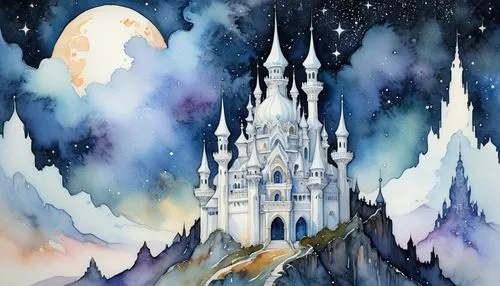 Entirely white delicate feligree castle with many minarets and a white roof standing on a mountain top under a starry sky. Aquarel, watercolor, paintdaubts. Délicate. Pale colours. Alphonse Mucha cosm