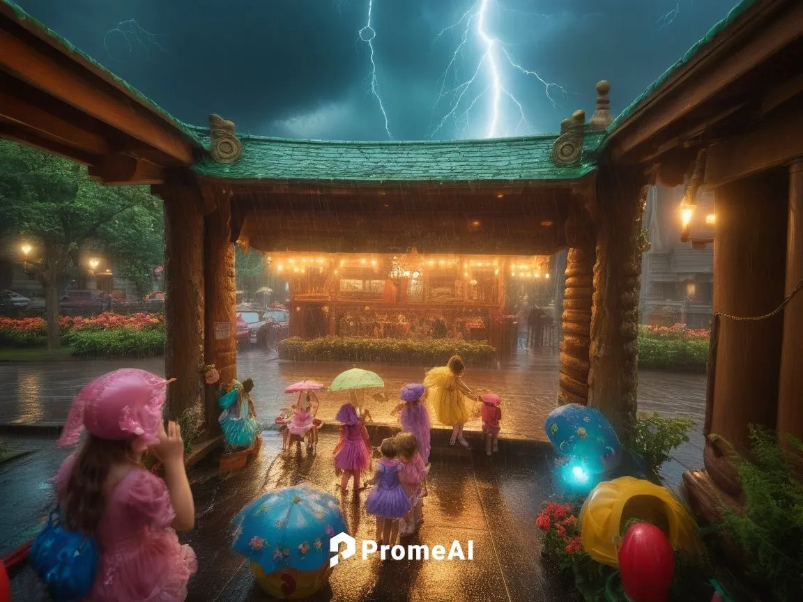 午後雷陣雨，躲雨的騎樓,午後雷陣雨的騎樓下010,little girl with umbrella,japanese umbrellas,shanghai disney,thunderstorm,disneyland park,tokyo disneyland,Illustration,Realistic Fantasy,Realistic Fantasy 02