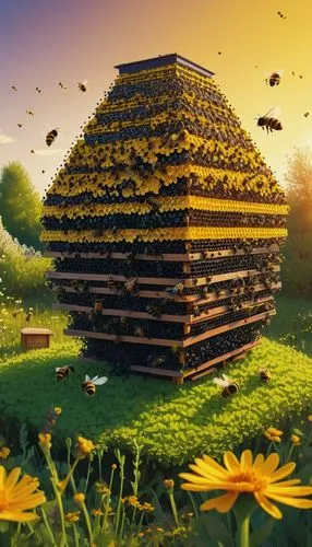 Hexagonal beehive, pixel art style, colorful and vibrant, honeycomb structure, busy bees flying around, detailed bee wings, bright yellow and black stripes, sunny afternoon, green grass surroundings, 