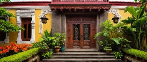 Colorful Philippine-inspired building, tropical climate, Vigan-style tiled roof, intricately designed wooden doors, ornate stone carvings, vibrant green foliage, exotic flowers, intricate ironworks, w