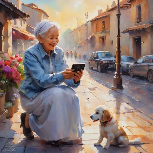 blonde woman reading a newspaper,woman holding a smartphone,elderly lady,italian painter,old woman,vietnamese woman,grandmother,girl with dog,chinese art,world digital painting,people reading newspaper,woman playing,little girl reading,oil painting,grandma,elderly person,old age,old couple,art painting,flower painting,Conceptual Art,Oil color,Oil Color 03