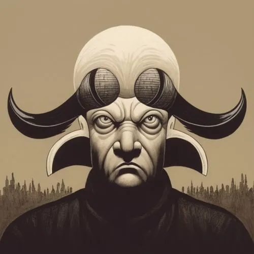 a strange portrait that shows an old man with horns,oryxes,elaphus,anthimus,moloch,cyclopean,laibson,puscifer,cow horned head,shamen,oryx,monoid,danzig,caligari,siggeir,minotaur,torquemada,laibach,cal