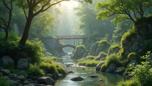 scenic bridge,wooden bridge,hanging bridge,japan landscape,fantasy landscape,river landscape,adventure bridge,hangman's bridge,nature wallpaper,shaoming,forest landscape,stone bridge,landscape background,nature landscape,nature background,verdant,bridge,green landscape,world digital painting,mountain stream,Photography,General,Realistic