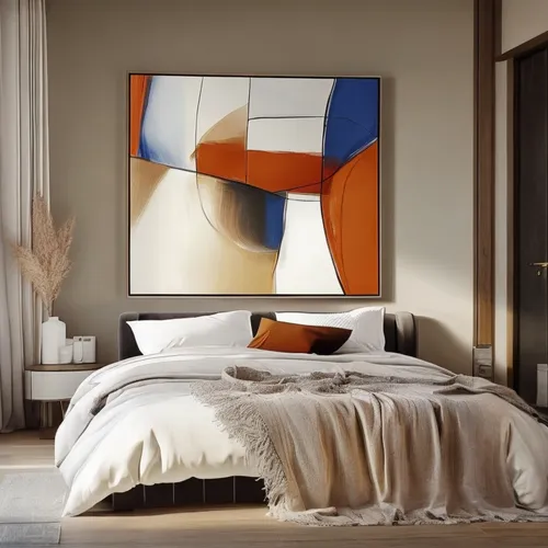 a bed with white sheets, large paintings and a painting on the wall,mondriaan,modern decor,mondrian,contemporary decor,abstract painting,headboards