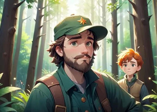 A 45 year old man, he is a forester,two people wearing a green hat standing in the forest,forest workers,fieldsmen,lumberman,farmer in the woods,lumbermen,cartoon forest,Anime,Anime,Cartoon