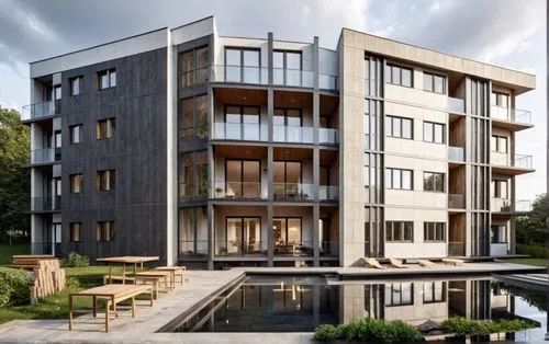 modern apartment building, water pond and picnic tables,appartment building,zoetermeer,oldenberg,europan,plattenbau,nieuwegein,Photography,General,Realistic