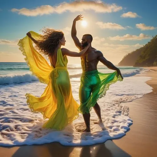 dancing couple,umoja,hula,luau,loving couple sunrise,brazilian beach,Illustration,Realistic Fantasy,Realistic Fantasy 22