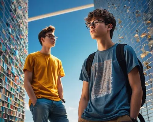 Miami, senior high school, architecture student, male, 18yo, short messy brown hair, black frame glasses, casual wear, graphic T-shirt, ripped jeans, sneakers, backpack full of books, standing, hands 