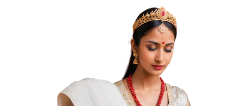 Hindu deity, Indian goddess, golden skin, intricate jewelry, flowing white and red saree, bindi on forehead, vermilion mark, nose ring, layered necklaces, ornate crown, lotus flower in hand, serene fa