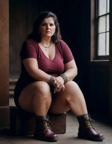 45-year-old overweight woman, serious expression, doc Martin boots, bangles, and bracelets,a woman sitting in front of a wooden box,gabourey,bbw,bdl,lbbw,kail,senior photos