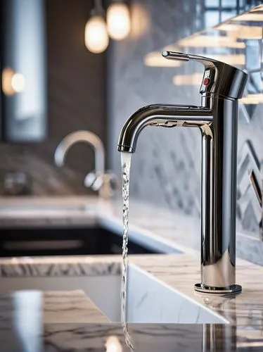 Modern tap, sleek metallic body, cylindrical shape, single-handle design, chrome finish, reflective surface, water droplets on faucet, white marble countertop, elegant kitchen, warm lighting, shallow 