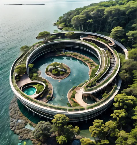 artificial island,artificial islands,infinity swimming pool,futuristic architecture,floating islands,floating island,swim ring,island suspended,futuristic landscape,uninhabited island,eco hotel,futuristic art museum,jewelry（architecture）,helipad,diamond lagoon,3d rendering,japanese zen garden,aquaculture,luxury property,house of the sea