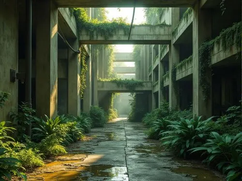 Brutalist architecture, green accents, abstract shapes, concrete walls, steel beams, industrial pipes, urban jungle, lush foliage, vines crawling up walls, moss-covered surfaces, geometric patterns, n