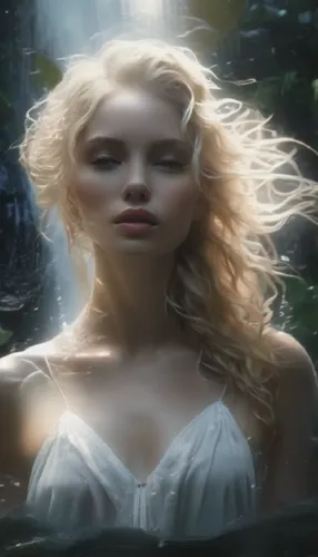 waterfall, water is pouring,a painting of a woman in white, her hair blowing in the wind,galadriel,sigyn,finrod,celtic woman,the blonde in the river,morgause