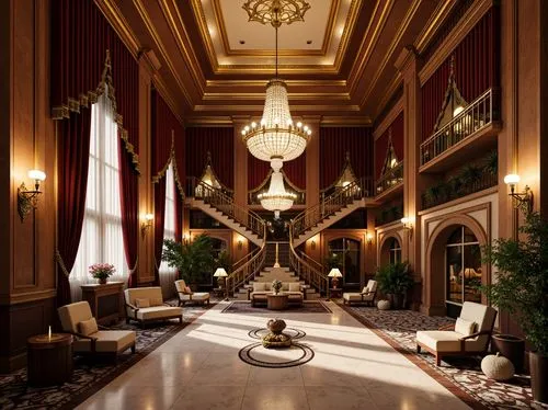 hallway,royal interior,foyer,entrance hall,lobby,hotel hall,nemacolin,ballroom,ornate room,cochere,hotel lobby,interior decor,emirates palace hotel,crown palace,claridge,chandeliers,gleneagles hotel,ritzau,kempinski,corridor