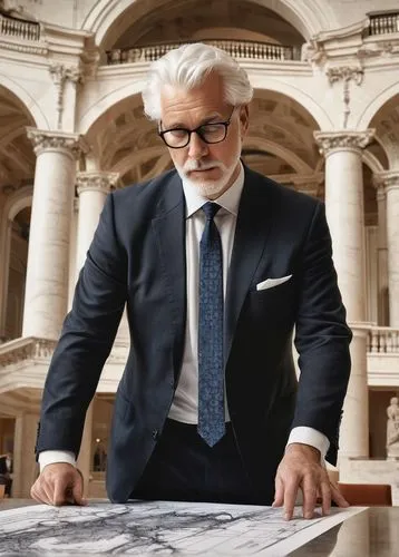 Modern architect, mature man, white hair, glasses, suits, tie, holding blueprints, standing, museum interior, grand staircase, marble floor, high ceiling, large windows, natural light, exhibits in bac