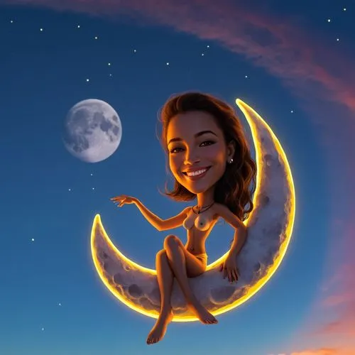 um close de uma mulher sentada em uma lua crescente com um sorriso, sentado na lua, na Lua, na frente de uma grande lua, arte digital. @mariomaniacdude, divindade Leesha Hannigan, Cel sombreado!!!, ar