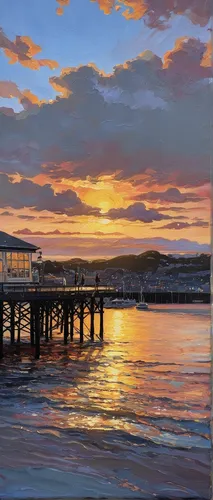 Ted Dyer Oil Painting. Sunrise over the Prince of Wales Pier, Falmouth,pier 14,pier,coast sunset,painting technique,burned pier,the pier,east pier,bay,princes pier,oil painting,old pier,saltburn pier,