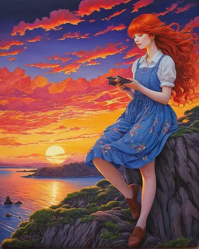 fantasy picture,girl with a dolphin,mystical portrait of a girl,fantasy art,daphne,fae,summer evening,la violetta,rusalka,orange sky,idyll,luminous,girl on the dune,sunset glow,romantic scene,ariel,eventide,alba,blue moon rose,woman playing,Illustration,Japanese style,Japanese Style 18