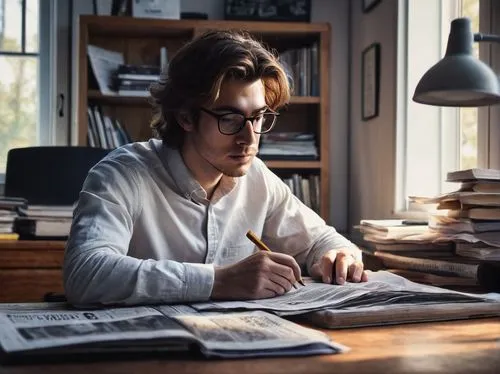 Mysterious figure, anonymous creator, sitting at desk, NYTimes newspaper, crossword puzzle, pen in hand, glasses on nose, messy brown hair, casual wear, plain white shirt, dark jeans, sneakers, mornin