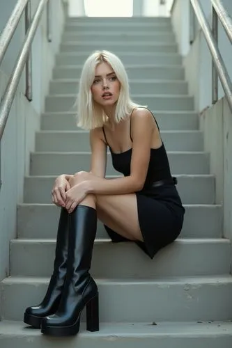 "Create a realistic image of a young woman sitting on concrete stairs in an industrial parking garage. The image should appear as if it was taken with a smartphone camera. The setting is minimalistic,