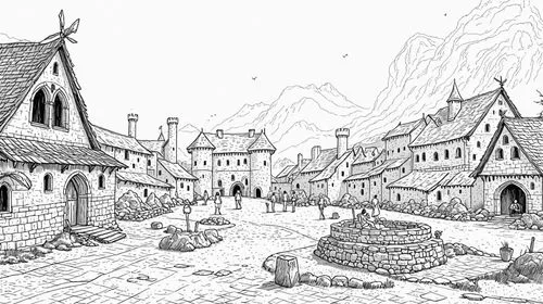 medieval town,medieval street,townscapes,knight village,ancient city,medieval market,townscape,winter village,the cobbled streets,avernum,morrowind,riftwar,whorwood,toontown,townsites,escher village,asheron,kirkhope,townsite,wooden houses,Design Sketch,Design Sketch,Detailed Outline