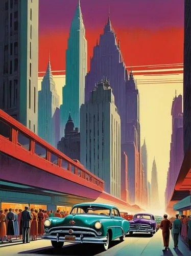 City in 1950s with classic cars, people running, people scared; people looking up; Reynold Brown illustration style; 1958 illustration, colors black & white, red, purple, teal,










,travel poste