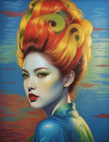 An amazing nude japanese young woman  with red lips and green eyes,a colorful drawing of a woman with big curls,bodypainting,neon body painting,paschke,bouffant,viveros,flamenca,Illustration,Realistic