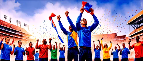 jubilation,celebration,flagbearers,victory,celebrations,jubilant,sportspersons,strikas,millonarios,raised hands,praising,confetti,day of the victory,persiba,cheering,maracana,isl,nassr,csk,universiade,Illustration,Paper based,Paper Based 24