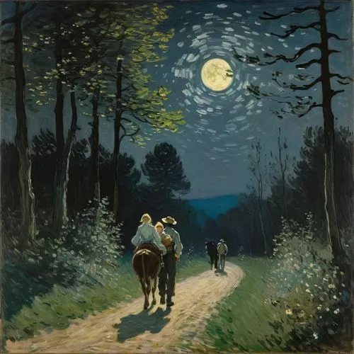 night scene,man and horses,gogh,burchfield,caminos,moonlit night,Art,Artistic Painting,Artistic Painting 04