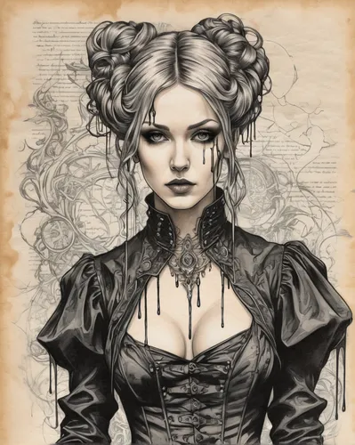 victorian lady,steampunk,gothic portrait,steampunk gears,gothic woman,victorian style,fantasy portrait,vintage drawing,gothic fashion,fantasy art,fashion illustration,corset,digiscrap,hand-drawn illustration,celtic queen,bodice,gothic style,vampire woman,game illustration,black rose,Illustration,Black and White,Black and White 34