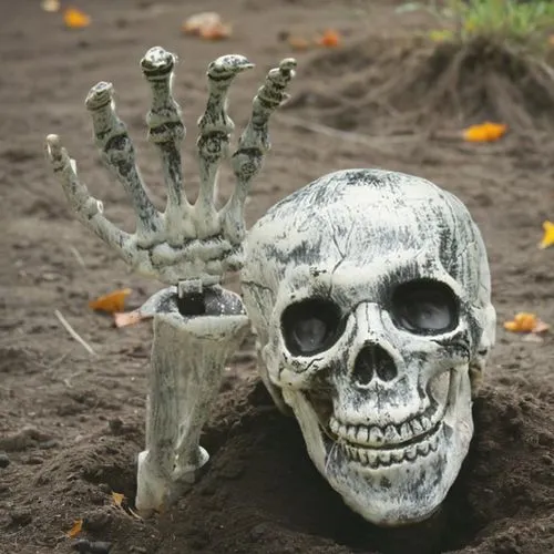 creepy， halloween ground,dirt,there is a skull in the dirt and the face of the skeleton is visible,skeleton hand,skull sculpture,skull statue,day of the dead skeleton,grave jewelry,grave arrangement,s