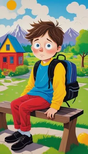 Cartoonish, South Park style, elementary school student, boy, messy brown hair, bright blue eyes, chubby cheeks, yellow shirt with a red collar, dark green pants, black shoes, backpack full of toys an