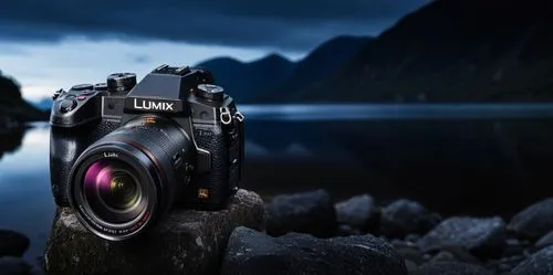 a lumix camera social media poster design in a dark place,a camera with the lens pointed up, sitting on a rock by a body of water,slr camera,photographie,canon 5d mark ii,photographer,nature photograp