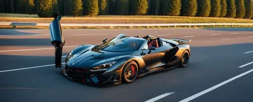 a black car driving down the road with trees in the background,gumpert,exige,pagani,longtail,zonda,sportscar,Photography,General,Realistic