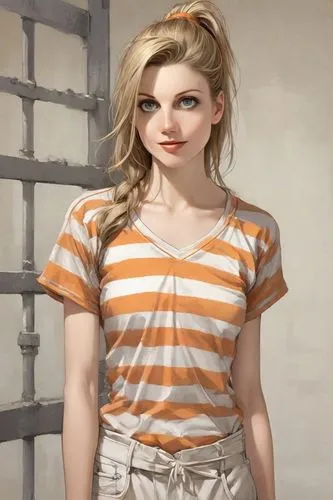 olallieberry,lis,harley quinn,portrait background,retro girl,retro woman,tee,blonde woman,prisoner,chainlink,girl in t-shirt,female doctor,clementine,lori,piper,striped background,cotton top,girl in overalls,burglary,rockabella,Digital Art,Comic