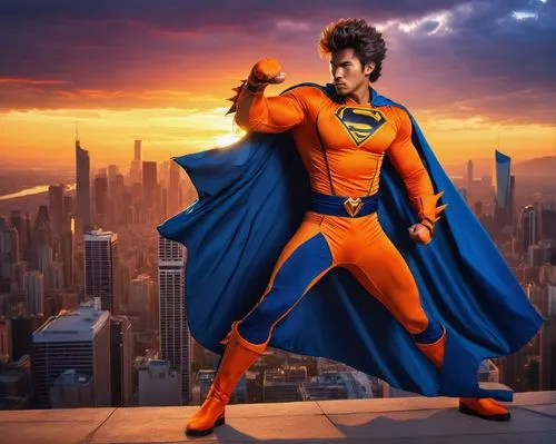 Sentai, blue, superhero costume, muscular man, bold eyes, spiky hair, dramatic pose, cityscape background, skyscraper, sunset, vibrant orange light, dynamic composition, action scene, dramatic shadows