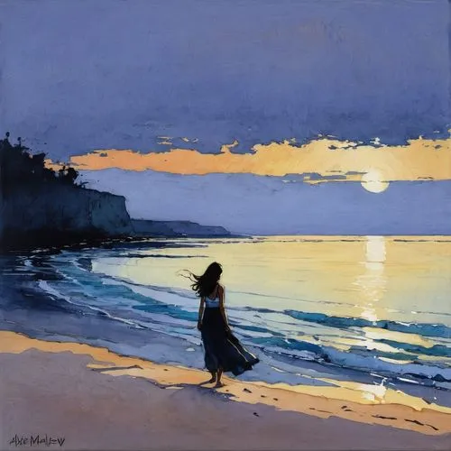 man at the sea,beach landscape,carol colman,summer evening,evening atmosphere,basset artésien normand,in the evening,sunrise beach,sea night,early evening,asher durand,sunset beach,blue painting,the evening light,watercolor blue,breton,majorelle blue,sea landscape,ionian sea,tramonto,Illustration,Paper based,Paper Based 05